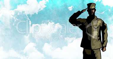 Cartoon soldier saluting against blue sky