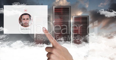 Hand touching Identity App Interface in front of servers