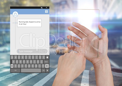 Hand Touching Glass Screen and Social Media Messenger App Interface on street road running late