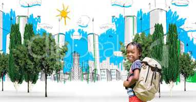 Digital composite image of child with backpack traveling in drawn city