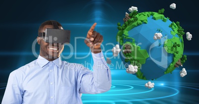 Smiling businessman wearing VR glasses by low poly earth