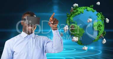 Smiling businessman wearing VR glasses by low poly earth