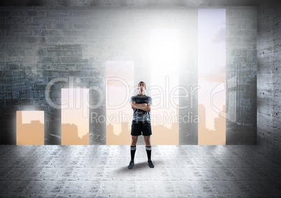 Sportsman standing arms crossed against graph shape doorways
