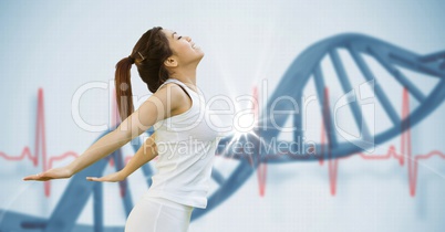 Fit young woman stretching against DNA structure