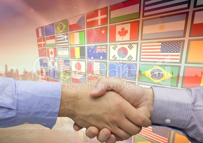panel with flags in the city,shaking the hand each other