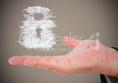 Hand out with cloud lock graphic against brown background