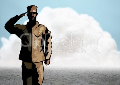 Cartoon soldier saluting against cloud and ground