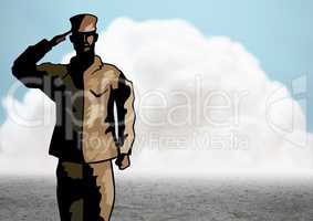 Cartoon soldier saluting against cloud and ground