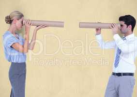 Business people looking through cardboard pipes against yellow background