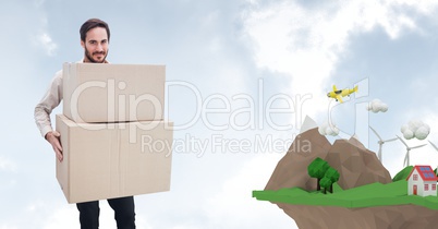 Delivery man carrying parcel by low poly cliff