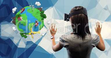 Rear view of businesswoman wearing VR glasses with low poly earth in background
