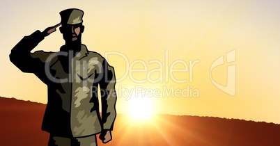 Cartoon soldier saluting against sunset