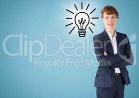Business woman arms folded with lightbulb doodle and flare against blue background