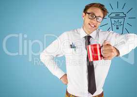 Business man with red mug and lightbulb doodle against blue background