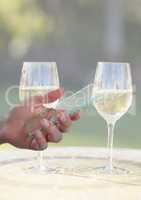 Hand holding glass screen with two glasses of champagne and sunny greenery