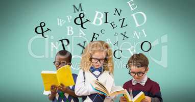 Students reading book while letters flying in background