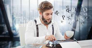 Hippie businessman using typewriter while letters flying in office