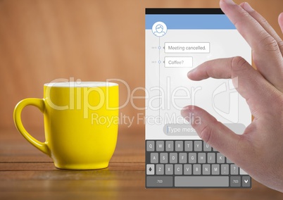 Hand Touching Social Media Messenger App Interface with coffee