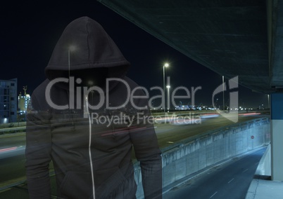 Criminal man transparent with night road car park