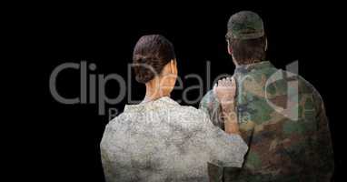 Back of soldier and wife against black background with grunge overlay