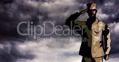 Cartoon soldier saluting against storm clouds