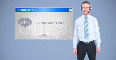 Businessman wearing headphones by dialog box