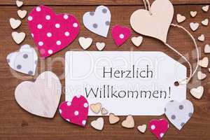 Label, Pink Hearts, Text Herzlich Willkommen Means Welcome