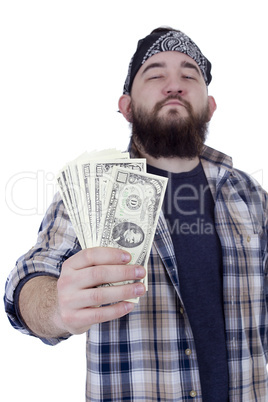 Young bearded man holding money