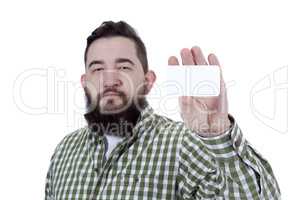 Young bearded man with a business card in his hands