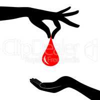 Blood donation concept. Drop of blood hold in hand giving the heart. Vector illustrations flat design. Donor day. Medical background.