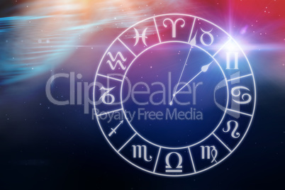 Composite image of digitally generated image of clock with various zodiac signs