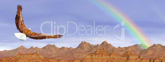 Bald eagle flying upon rocky mountains to the rainbow - 3D render