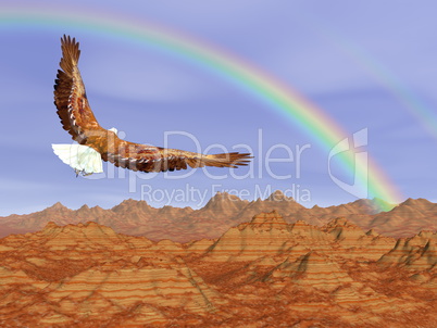 Bald eagle flying upon rocky mountains to the rainbow - 3D render