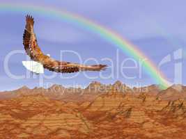 Bald eagle flying upon rocky mountains to the rainbow - 3D render