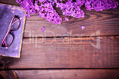 branch of a purple lilac and an old book with glasses