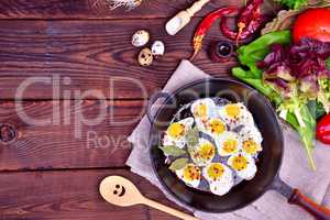 Fried quail eggs in a frying pan with spices