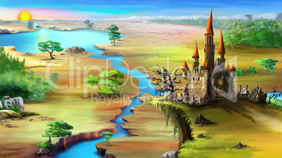 Landscape with rising sun, blue river and magical castle on a ro