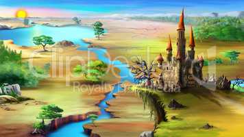 Landscape with rising sun, blue river and magical castle on a ro