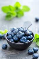 Fresh Blueberries in a bowl on dark background, top view. Juicy wild forest berries, bilberries. Healthy eating or nutrition.