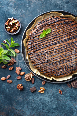 Delicious chocolate brownie cake with walnuts
