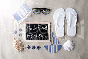 Sunny Blackboard On Sand, Schoene Ferien Means Happy Holidays