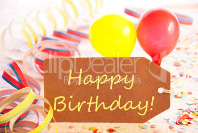 Party Label, Balloon, Streamer, Text Happy Birthday