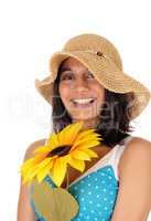 Happy smiling woman with sunflower.