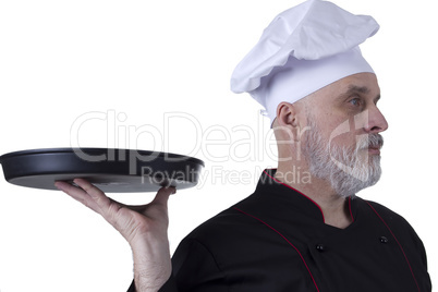 Bearded chef with tray in hands