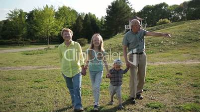 Grandparents walking with grandchildren in park