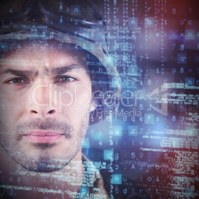 Composite image of close up of unsmiling soldier