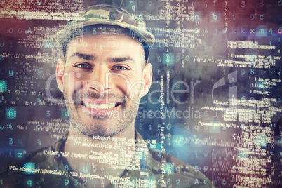 Composite image of close up of smiling soldier