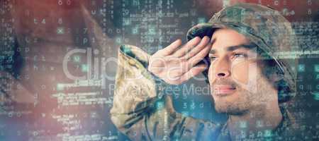 Composite image of close up of confident soldier saluting