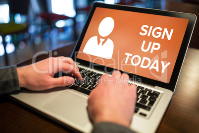 Composite image of sign up now text with human icon on brown screen Composite image of sign up now text with human icon on brown screen