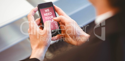 Composite image of digitally composite image of we need your help text with various icons